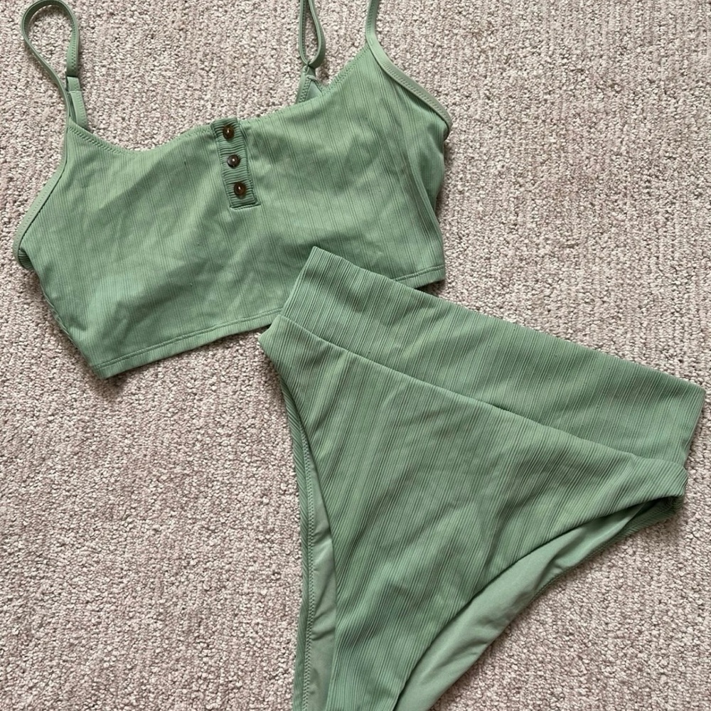 Aerie Sage Green Ribbed Bikini Set